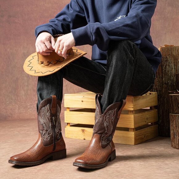 🆕Jousen Mens Amy8420-brown Embroidery Retro Square Toe Chunky Heeled Boots - Picture 11 of 12